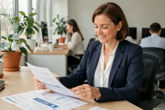Salariée française consultant un plan d'épargne salariale dans un bureau moderne