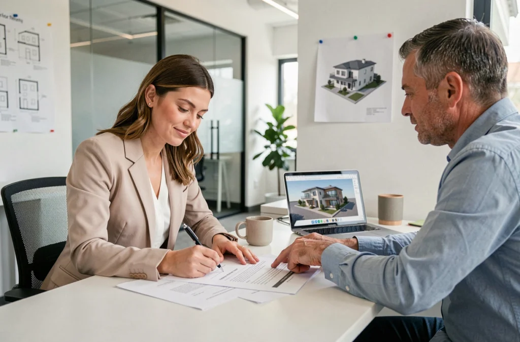 Primo-accédante signant un contrat d'achat immobilier neuf dans une agence