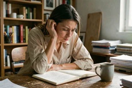 Femme fatiguée assise à un bureau en bois, regardant dans le vide devant un carnet de notes, illustrant les effets du manque de sommeil sur la mémoire et la concentration