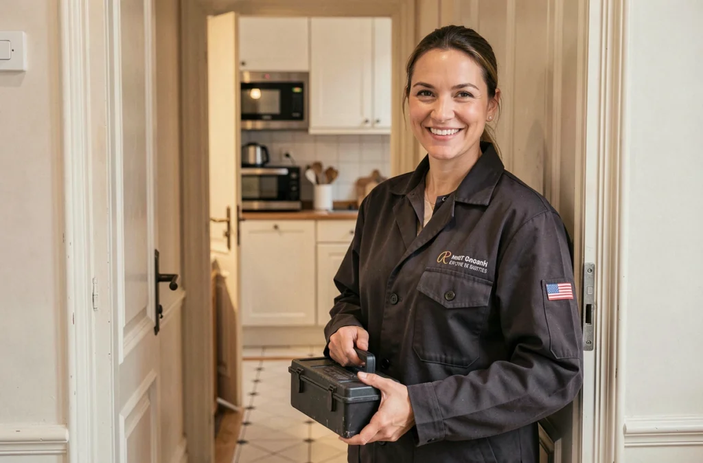 Stéphanie Dogbo, technicienne en dépannage et petits travaux, à la porte d'un appartement parisien