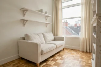 Petit studio urbain décoré en tons ivoire et blanc cassé pour agrandir visuellement l'espace