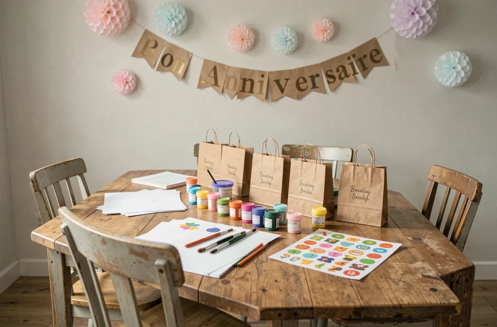Table d'activités créatives décorée pour un anniversaire d'enfant à la maison avec matériel de bricolage