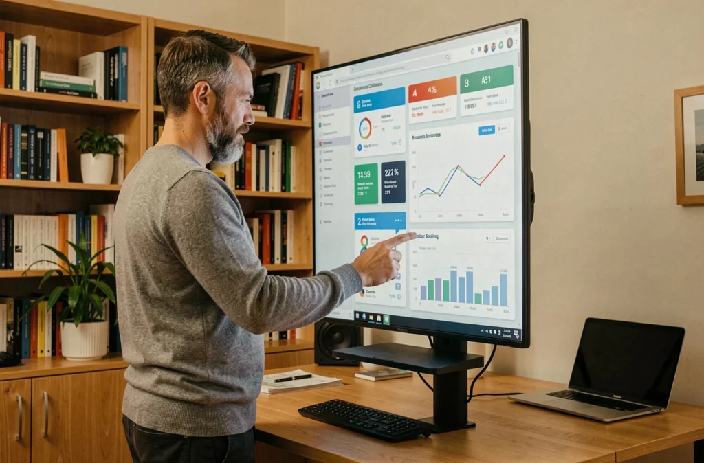 Homme en télétravail configurant un tableau de bord personnalisé sur écran tactile vertical