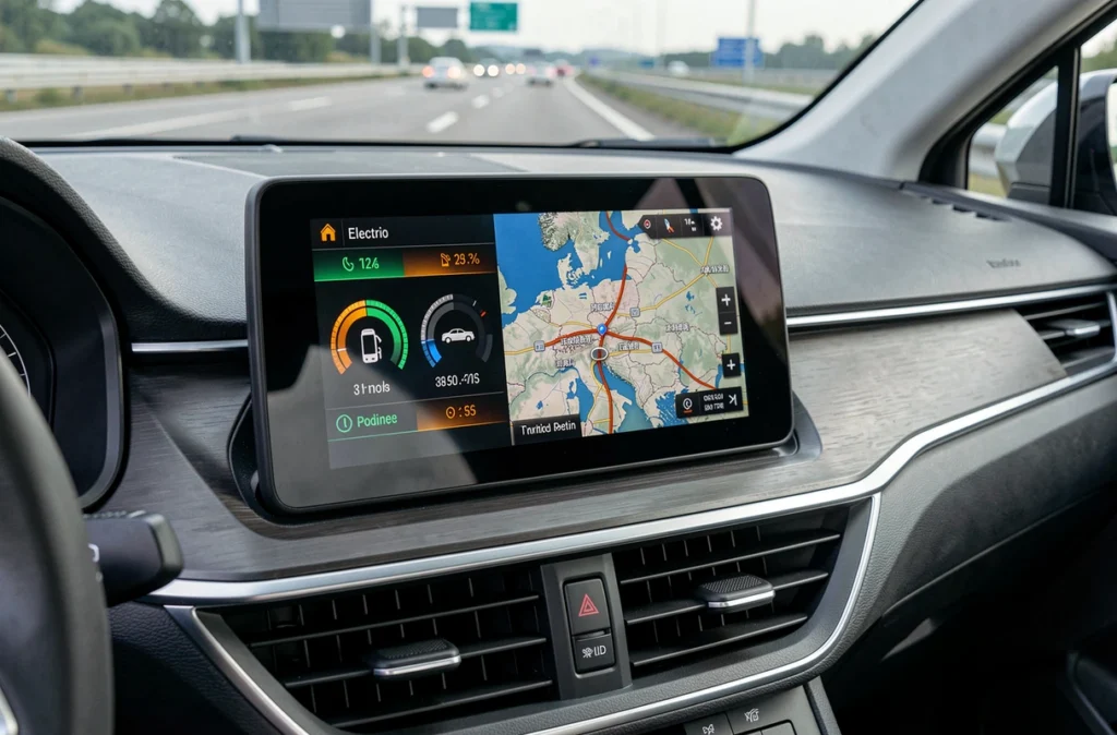 Tableau de bord d'une voiture hybride affichant la consommation électrique et thermique sur autoroute européenne