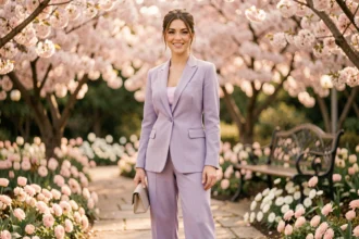 Femme en tailleur pastel lavande dans un jardin fleuri de printemps lors d'un événement élégant en plein air