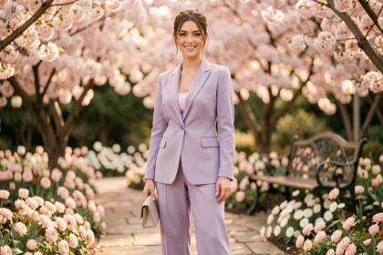 Femme en tailleur pastel lavande dans un jardin fleuri de printemps lors d'un événement élégant en plein air