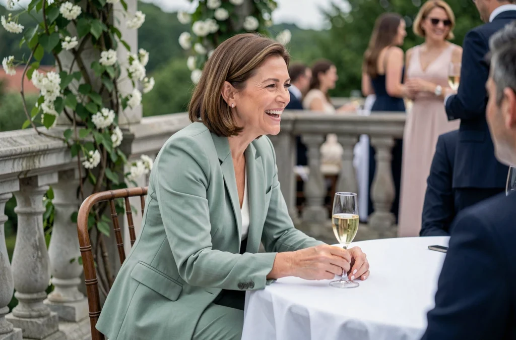 Femme en tailleur pastel vert sauge assise à une réception printanière en terrasse lors d'un événement festif