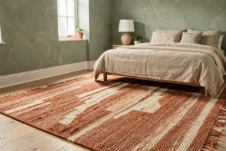 Tapis en laine noué à la main aux tons terracotta dans une chambre cosy aux murs sauge avec parquet en chêne clair