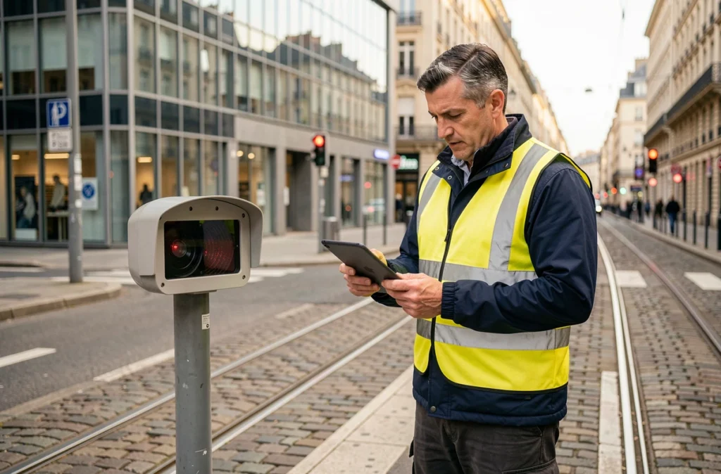 Ingénieur de voirie inspectant un radar de vitesse urbain installé à une intersection pavée de Lyon
