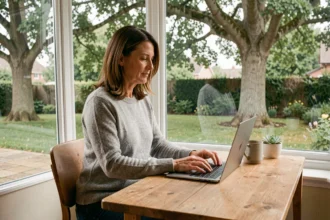 Femme en télétravail dans une maison en périphérie urbaine avec vue sur jardin