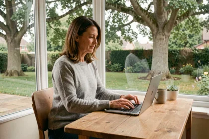 Femme en télétravail dans une maison en périphérie urbaine avec vue sur jardin