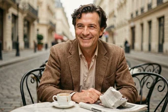 Homme élégant d'une cinquantaine d'années assis en terrasse de café parisien, style vintage décontracté, sourire chaleureux