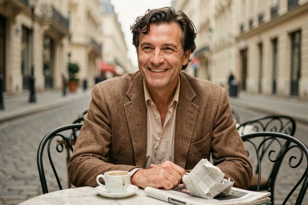 Homme élégant d'une cinquantaine d'années assis en terrasse de café parisien, style vintage décontracté, sourire chaleureux