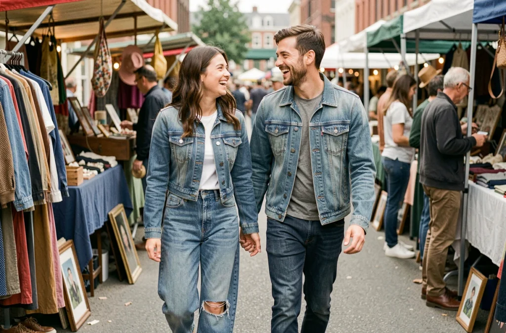 Deux amis en total look denim assorti marchant dans un marché aux puces, style casual mode denim coordonné homme et femme
