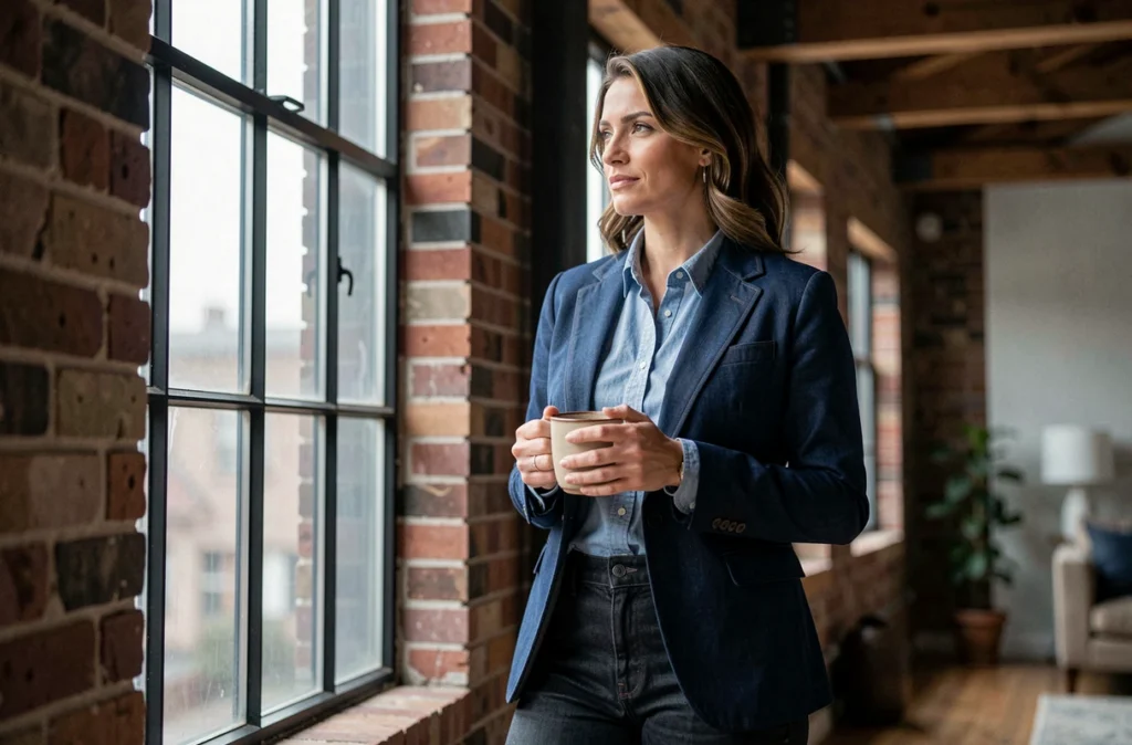 Femme en total look denim raffiné blazer et jean taille haute dans un loft industriel, style mode casual chic editorial