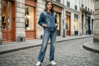 Femme en total look denim indigo veste et jean droite dans une rue pavée parisienne, tenue casual chic mode street style