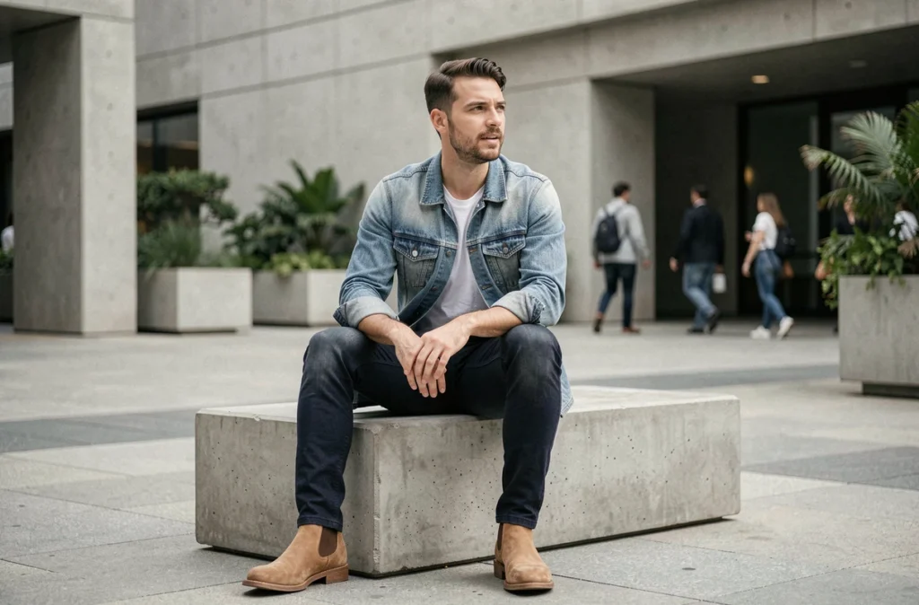 Homme en total look denim assis sur un banc urbain, chemise en jean claire et pantalon slim marine, style casual masculin contemporain