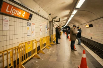 Quai de la ligne 4 du métro parisien avec barrières de chantier et signalétique de travaux en 2026