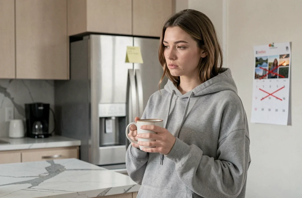 Jeune femme en peignoir tenant un café du matin et regardant un pense-bête sur le réfrigérateur avec une expression oublieuse, illustrant les troubles de mémoire liés au sommeil irrégulier
