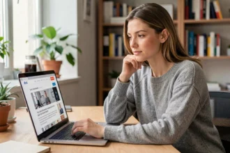 Femme consultant les avis utilisateurs du site Kaliscan sur son ordinateur portable dans un bureau à domicile