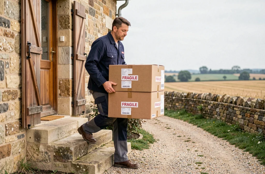 Déménageur de Varennes Déménagements portant des cartons fragiles devant une ferme en pierre dans la Nièvre