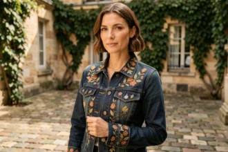 Femme portant une veste en jean brodée de motifs floraux dorés et terracotta dans une cour parisienne pavée