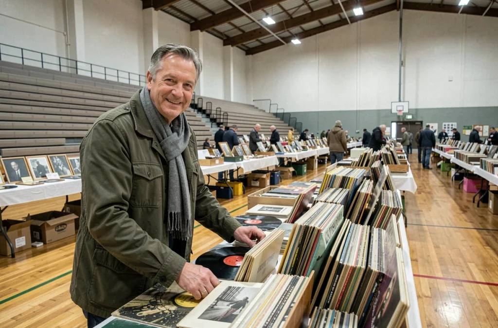 Vendeur homme organisant des vinyles et photos anciennes dans un vide grenier en intérieur dans les Yvelines