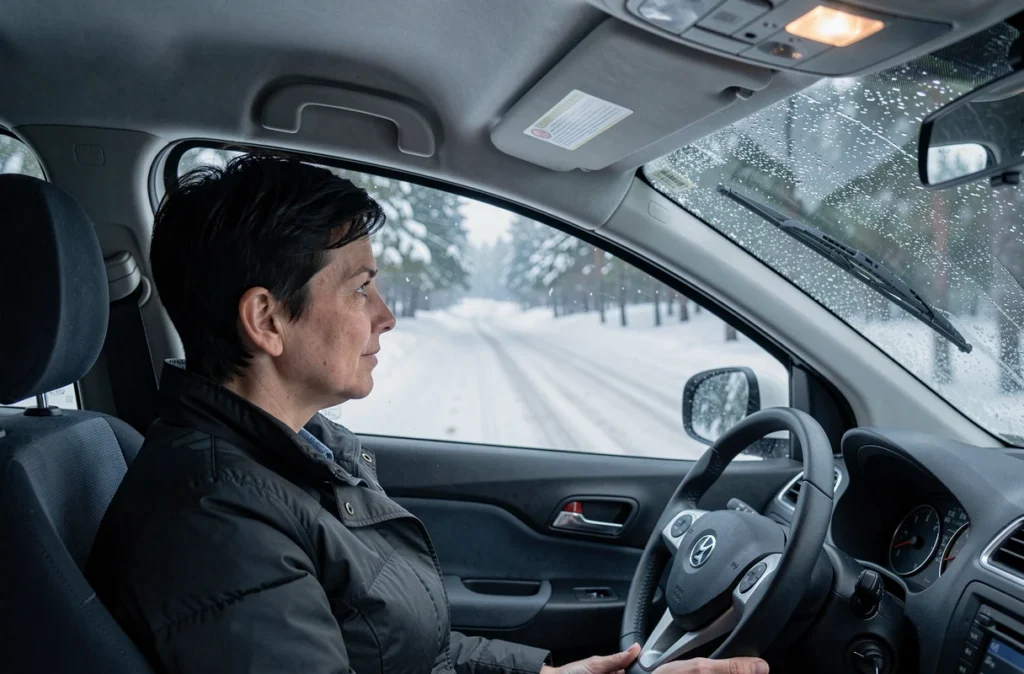 Vue depuis l'intérieur d'une voiture avec des essuie-glaces neufs essuyant la neige sur le pare-brise