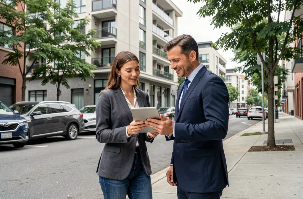 Femme visitant un appartement avec un agent immobilier devant un immeuble moderne en milieu urbain