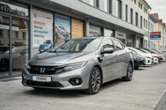 Voiture hybride moderne garée devant un concessionnaire automobile européen contemporain