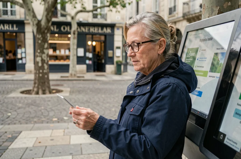 Femme consultant une borne numérique de vote pour le budget participatif sur une place de commune française