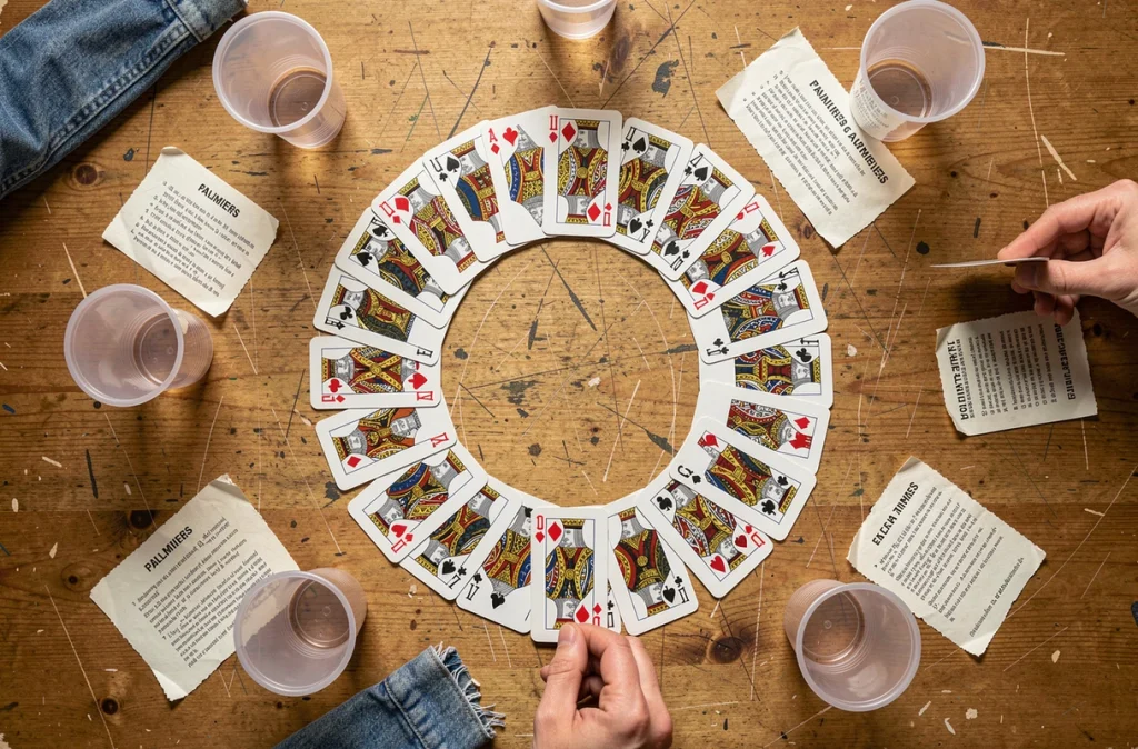 Vue de dessus des cartes disposées en cercle pour le jeu Palmiers avec des gobelets sur une table de soirée étudiante